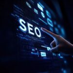 A digital hologram of the word SEO on a screen with hands pointing at it against a dark blue background, symbolizing digital marketing, engagement #22129 _ Imaginebuddy